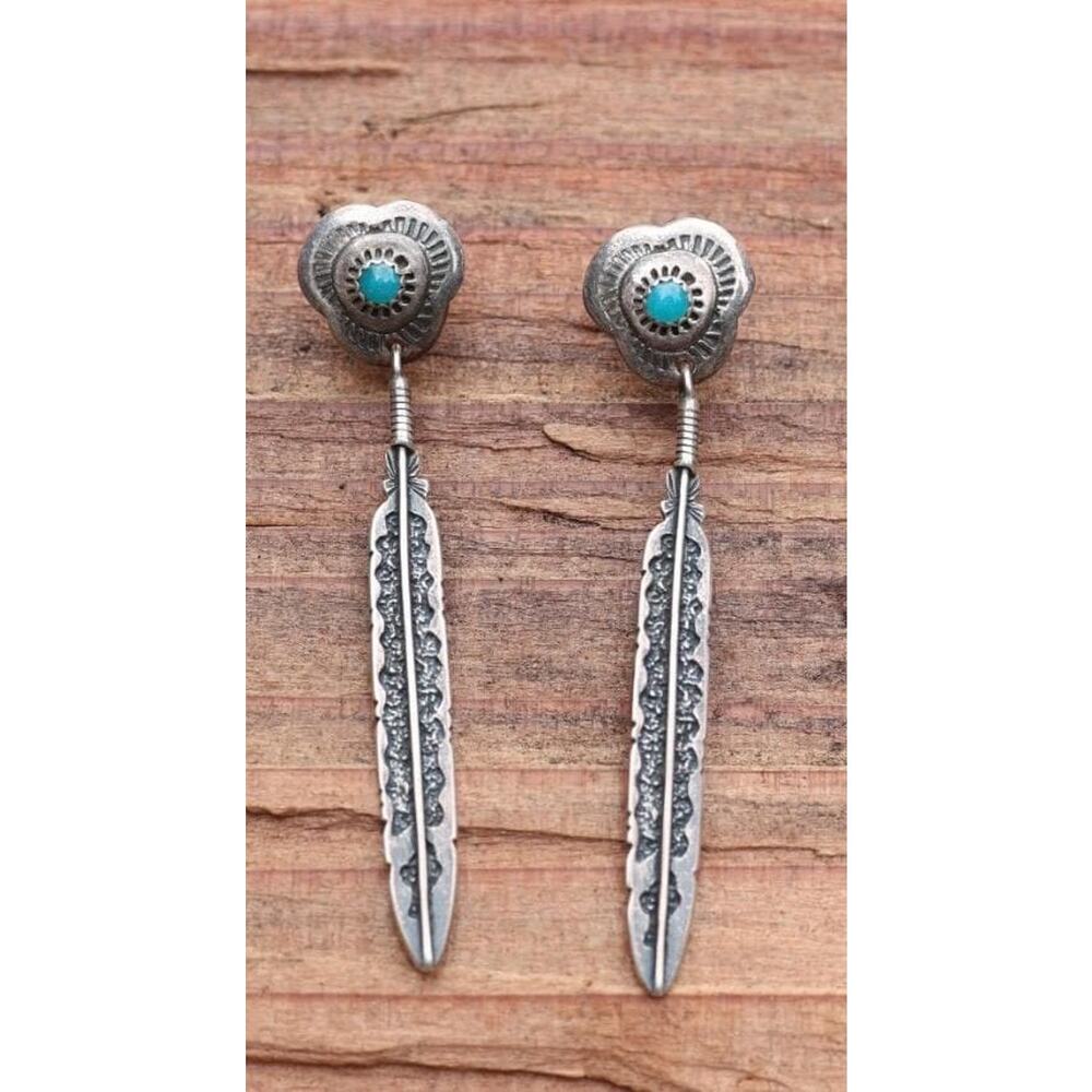 Silver Feather Dangle Earrings | Turquoise Cabochon Concho | Signed M Sterling
